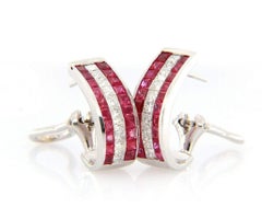Princess Cut Ruby & Diamond Triple Row Invisible Set Hoop Earrings in 18K Gold