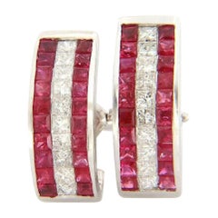 Princess Cut Ruby & Diamond Triple Row Invisible Set Hoop Earrings in 18K Gold
