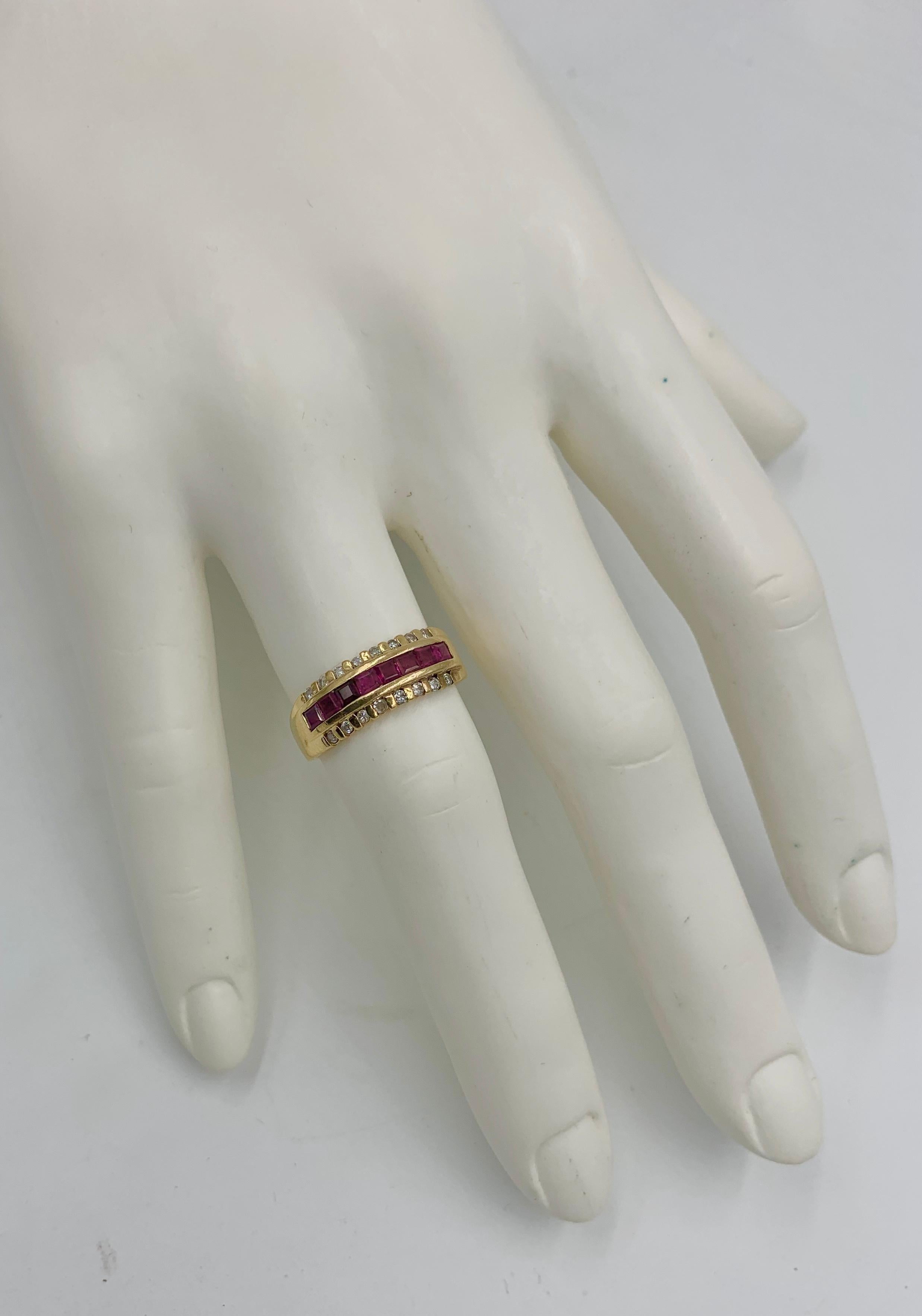 Princess Cut Ruby Diamond Wedding Engagement Band Ring Stacking 14 Karat Gold In Excellent Condition For Sale In New York, NY