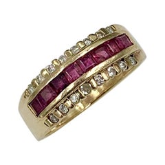 Vintage Princess Cut Ruby Diamond Wedding Engagement Band Ring Stacking 14 Karat Gold