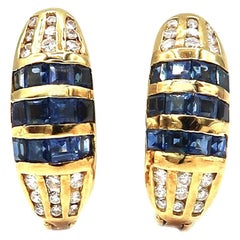 Vintage Princess-Cut Sapphire and Channel-Set Diamond 18 Karat Gold Huggies Earrings