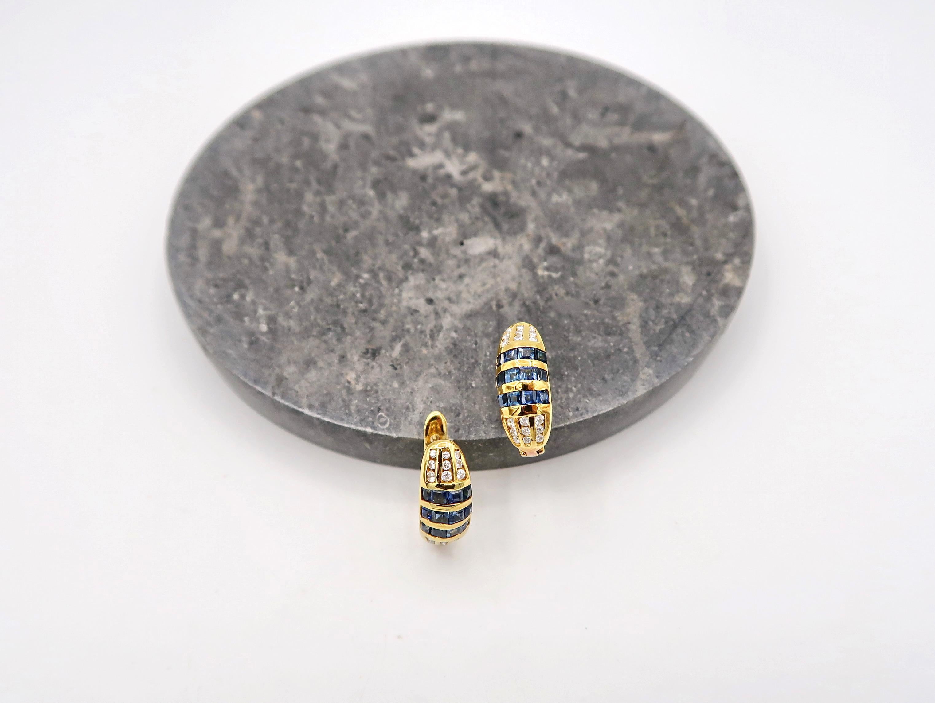 Princess-Cut Sapphire and Channel-Set Diamond Huggies in 18K Yellow Gold

Length: 0.75