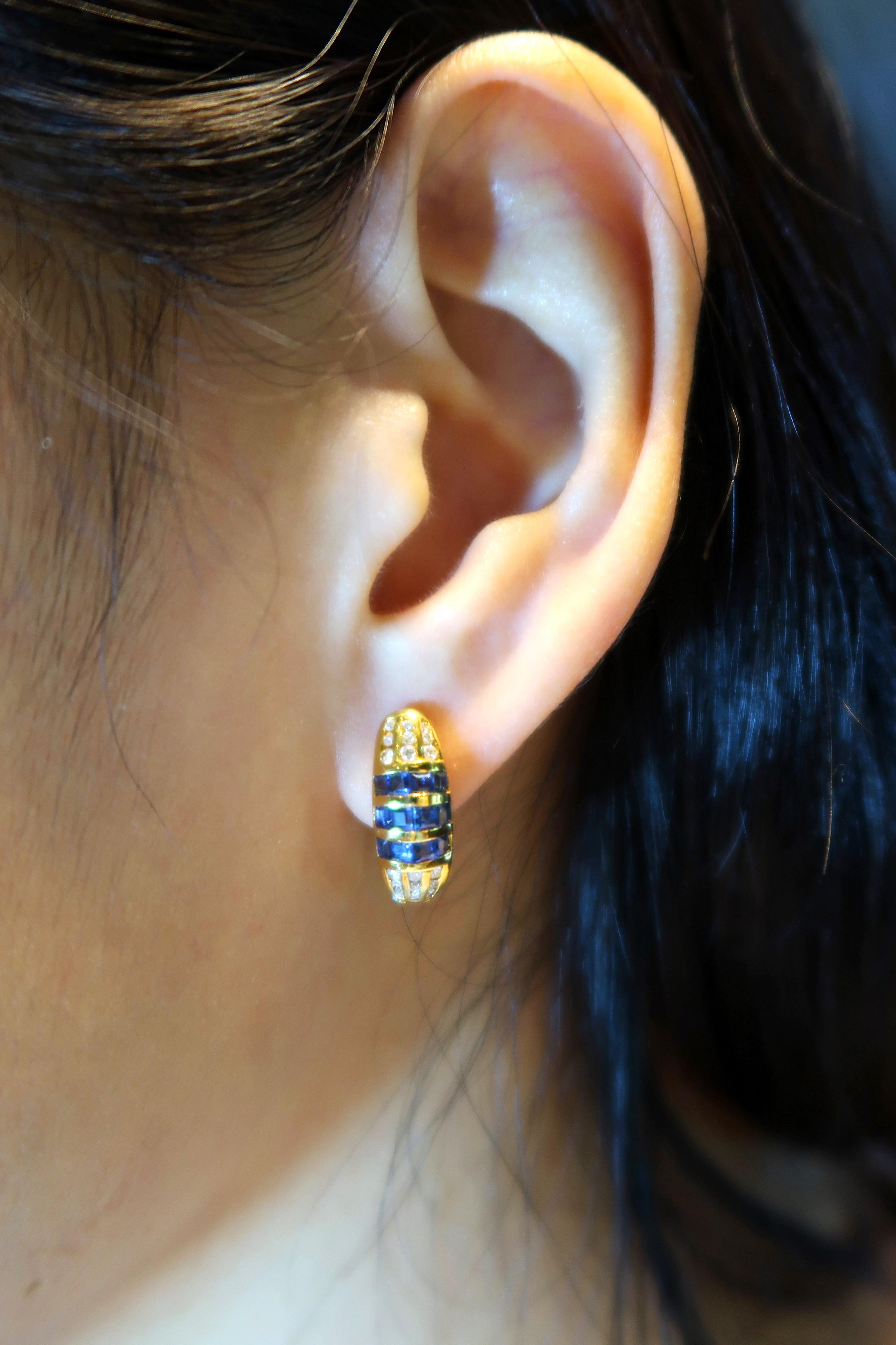 Women's Princess-Cut Sapphire and Channel-Set Diamond 18 Karat Gold Huggies Earrings