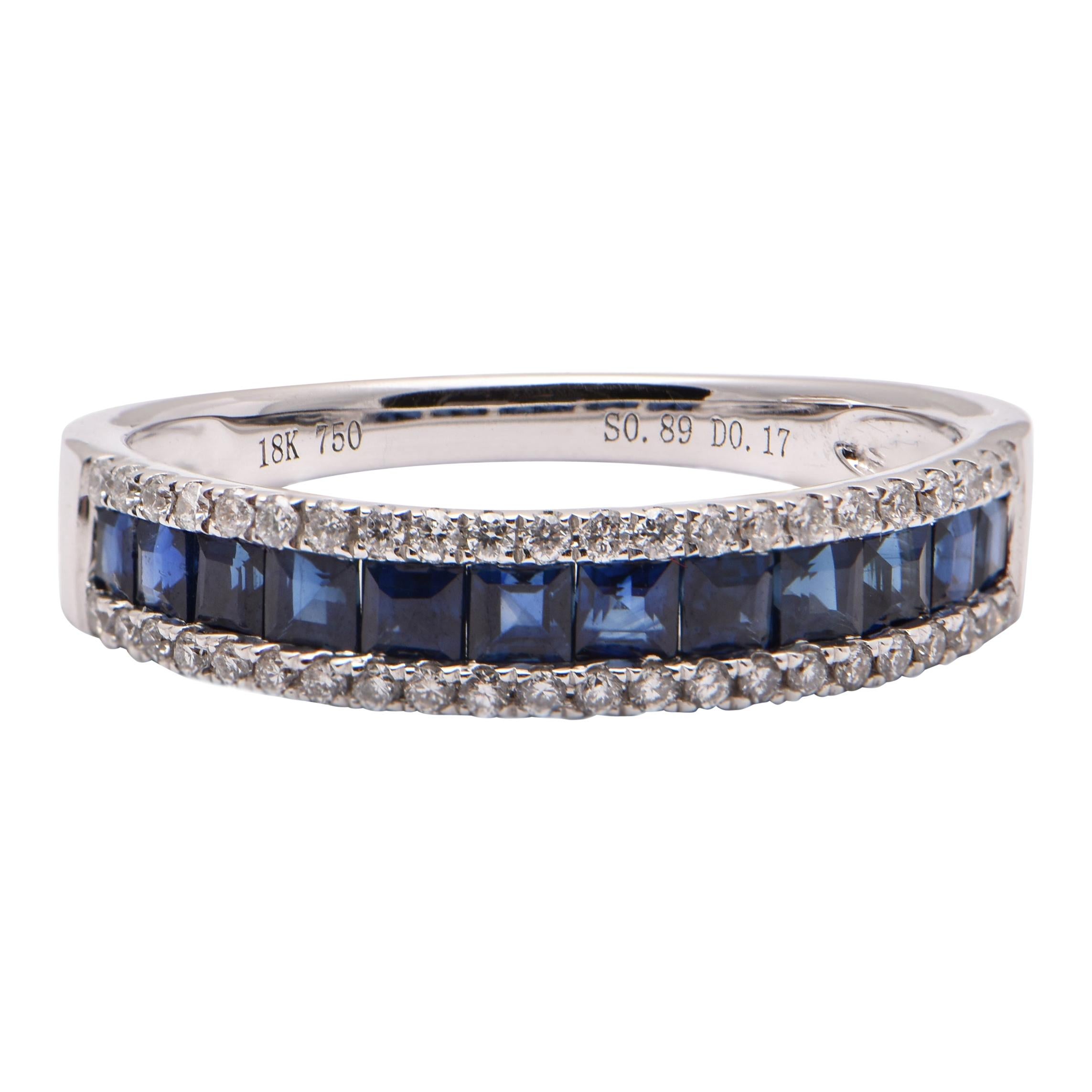 Princess Cut Sapphire and Diamond Band Ring in 18 Carat White Gold For Sale