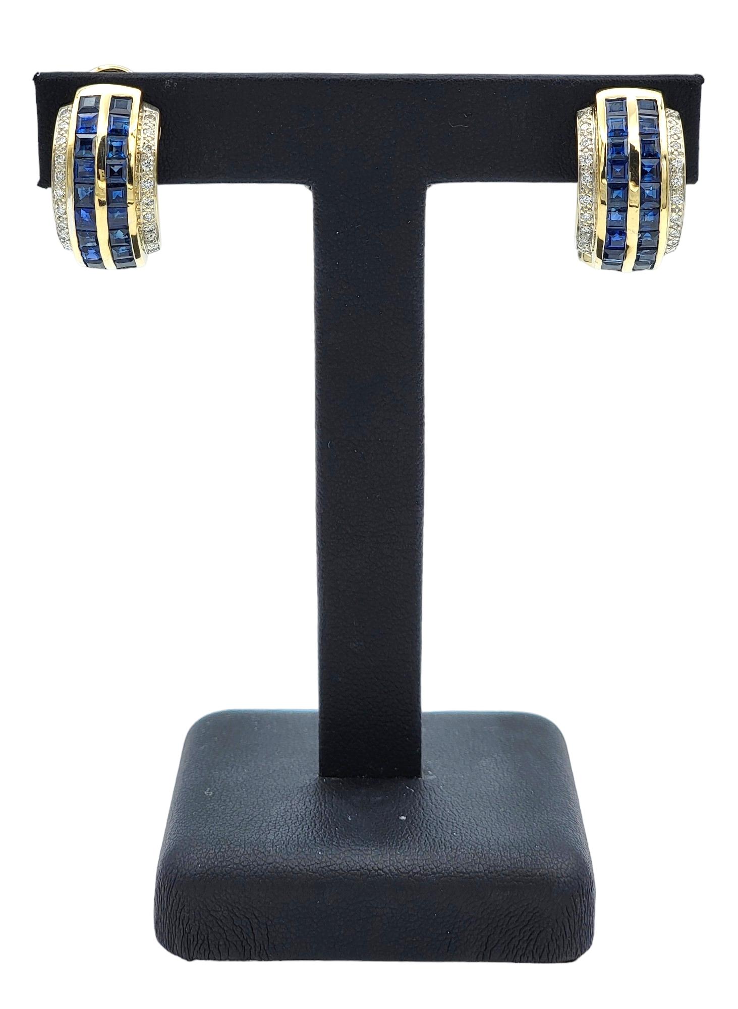 Princess Cut Sapphire and Diamond Half-Hoop Earrings Set in 14 Karat Yellow Gold For Sale 5
