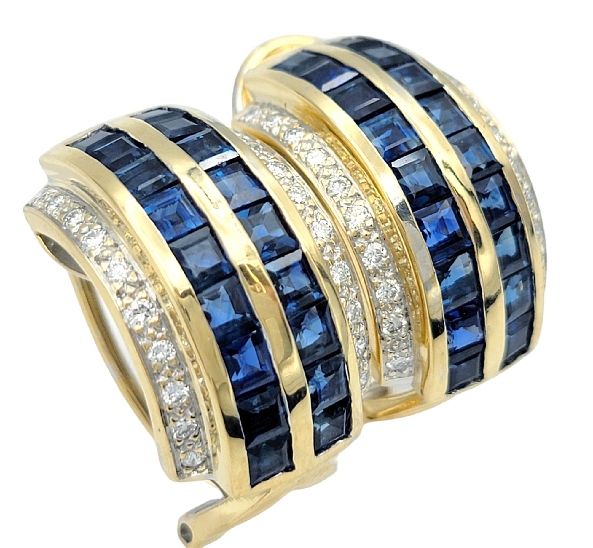 Contemporary Princess Cut Sapphire and Diamond Half-Hoop Earrings Set in 14 Karat Yellow Gold For Sale