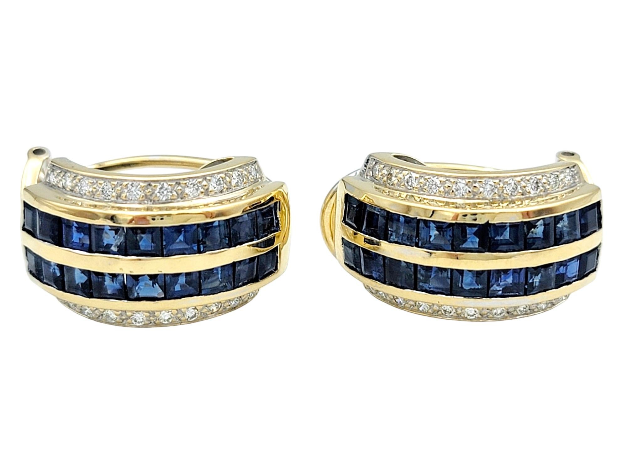 Princess Cut Sapphire and Diamond Half-Hoop Earrings Set in 14 Karat Yellow Gold In Good Condition For Sale In Scottsdale, AZ