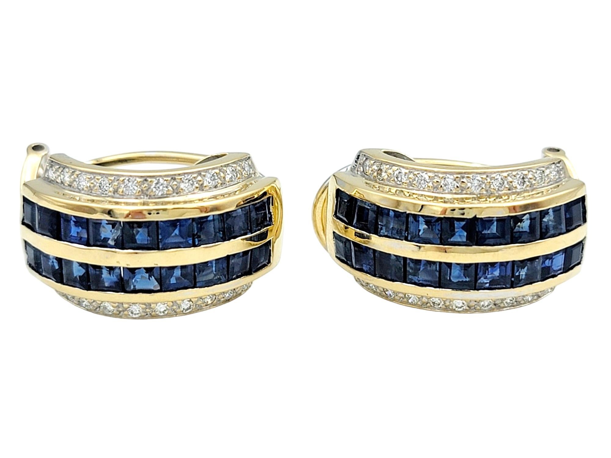Taille princesse Boucles d'oreilles demi-boucles en or jaune 14 carats avec saphirs et diamants de taille Princesse en vente