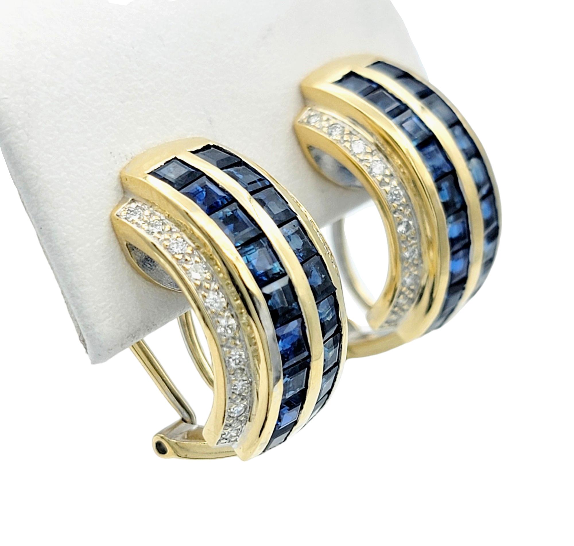 Women's Princess Cut Sapphire and Diamond Half-Hoop Earrings Set in 14 Karat Yellow Gold For Sale