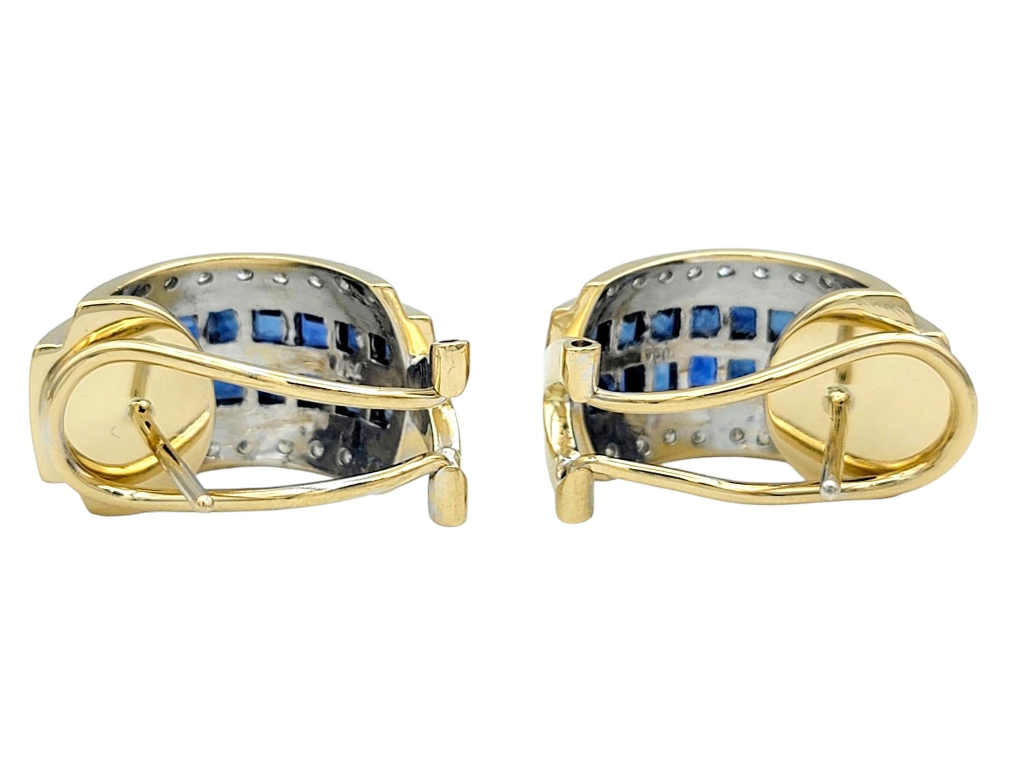 Princess Cut Sapphire and Diamond Half-Hoop Earrings Set in 14 Karat Yellow Gold For Sale 1