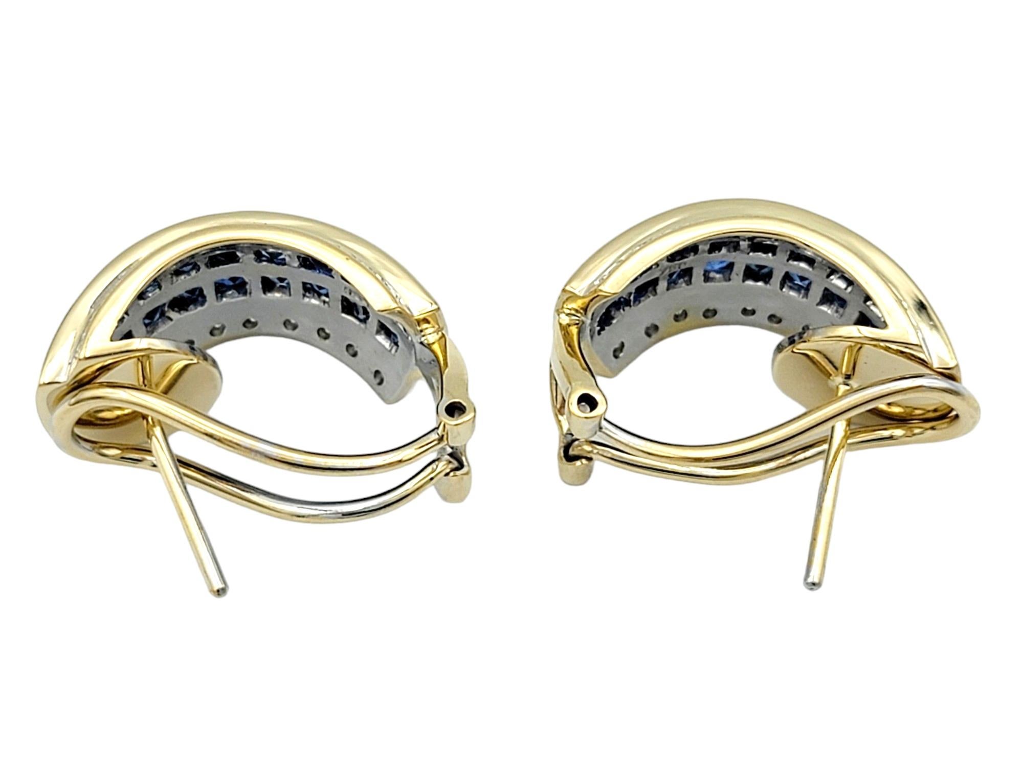 Princess Cut Sapphire and Diamond Half-Hoop Earrings Set in 14 Karat Yellow Gold For Sale 2