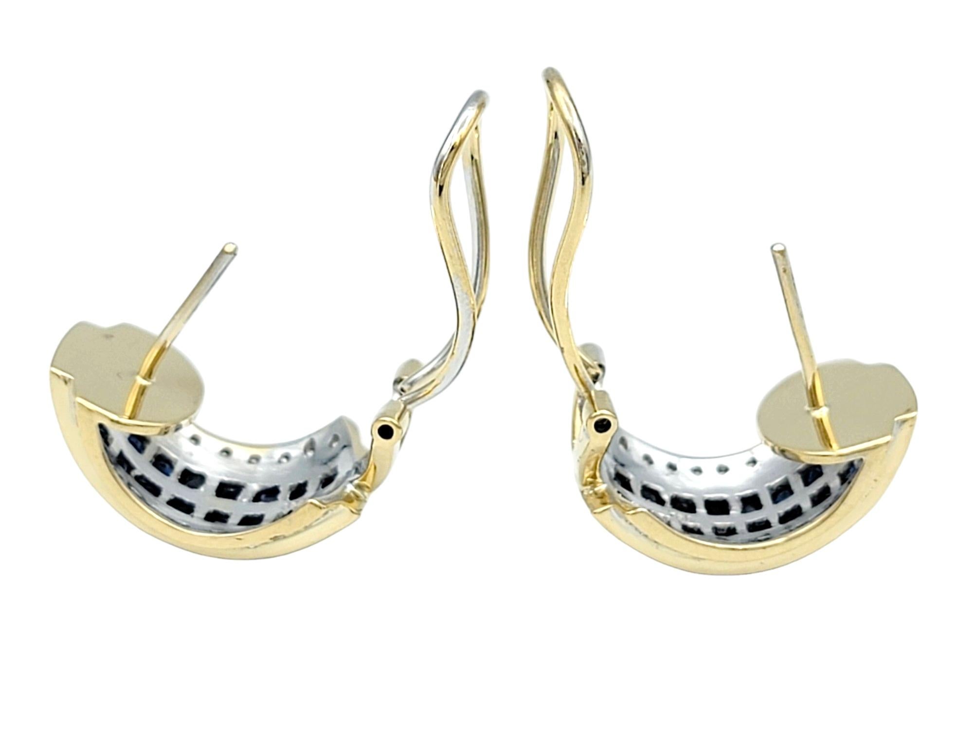Princess Cut Sapphire and Diamond Half-Hoop Earrings Set in 14 Karat Yellow Gold For Sale 3
