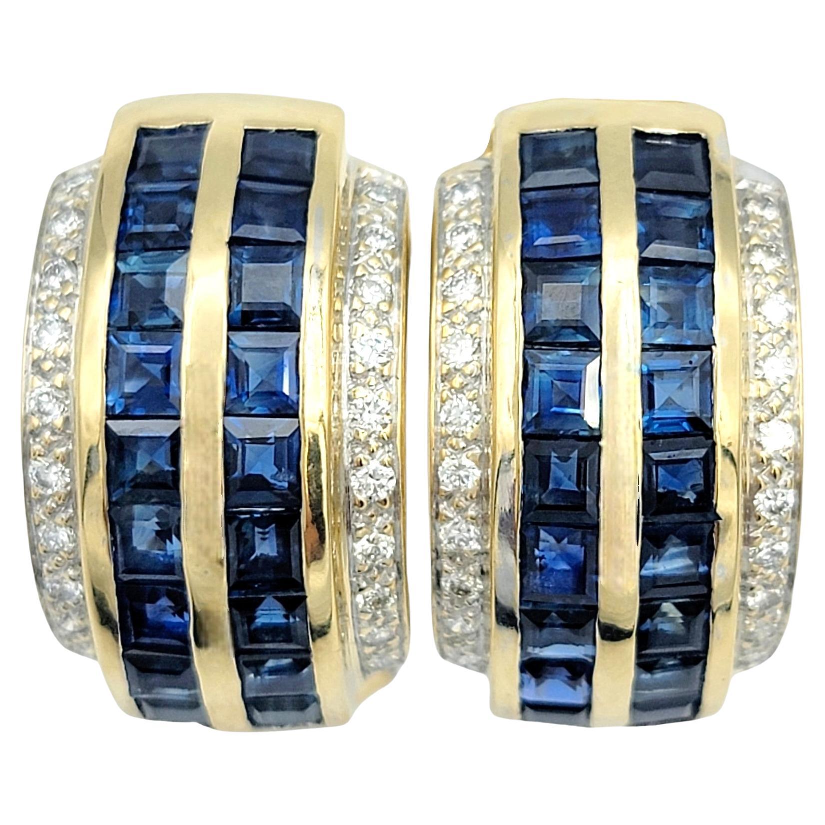 Princess Cut Sapphire and Diamond Half-Hoop Earrings Set in 14 Karat Yellow Gold