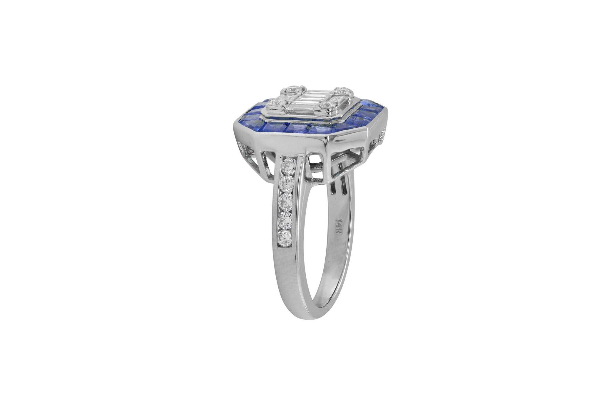 Solid 14K White Gold 

Natural Blue Sapphire Princess Cut 2.30 Total Carat Weight 

Natural White Round and Baguette Diamonds G-H SI Clarity .89 Total Diamond Weight

Size 6.5 ( Sizable)

This Piece features beautiful Precious Stone quality and