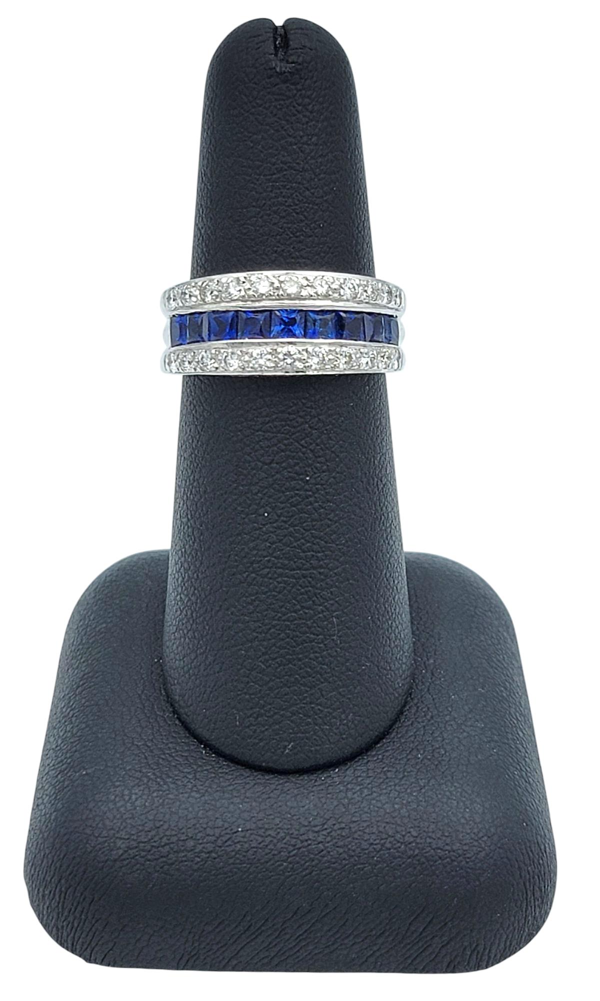 Princess Cut Sapphire and Round Diamond Multi-Row Band Ring 18 Karat White Gold For Sale 5
