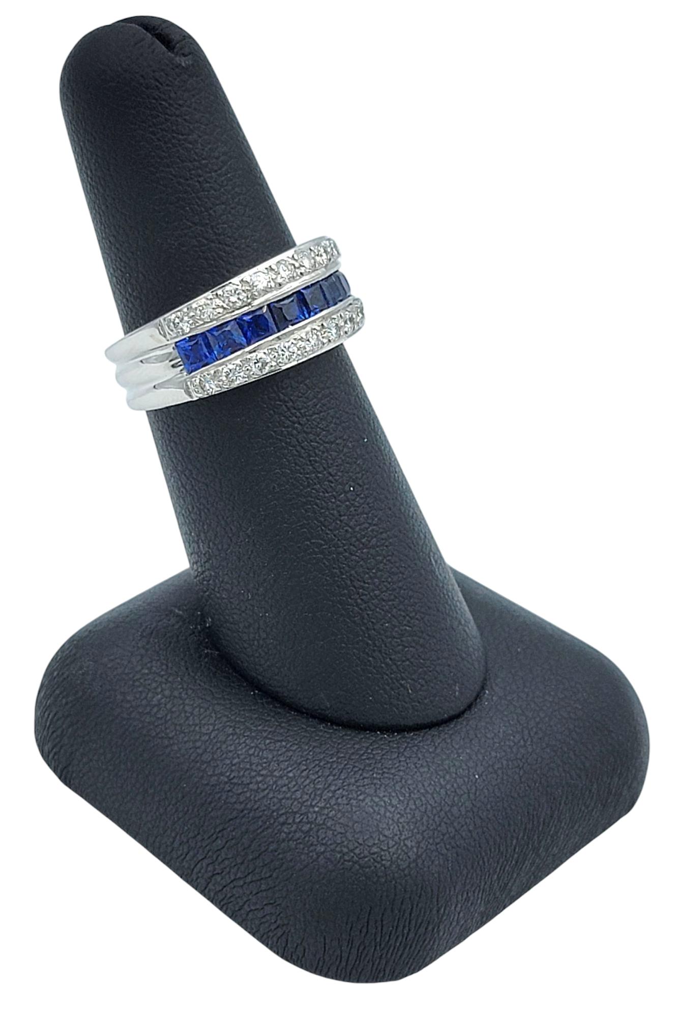 Princess Cut Sapphire and Round Diamond Multi-Row Band Ring 18 Karat White Gold For Sale 6