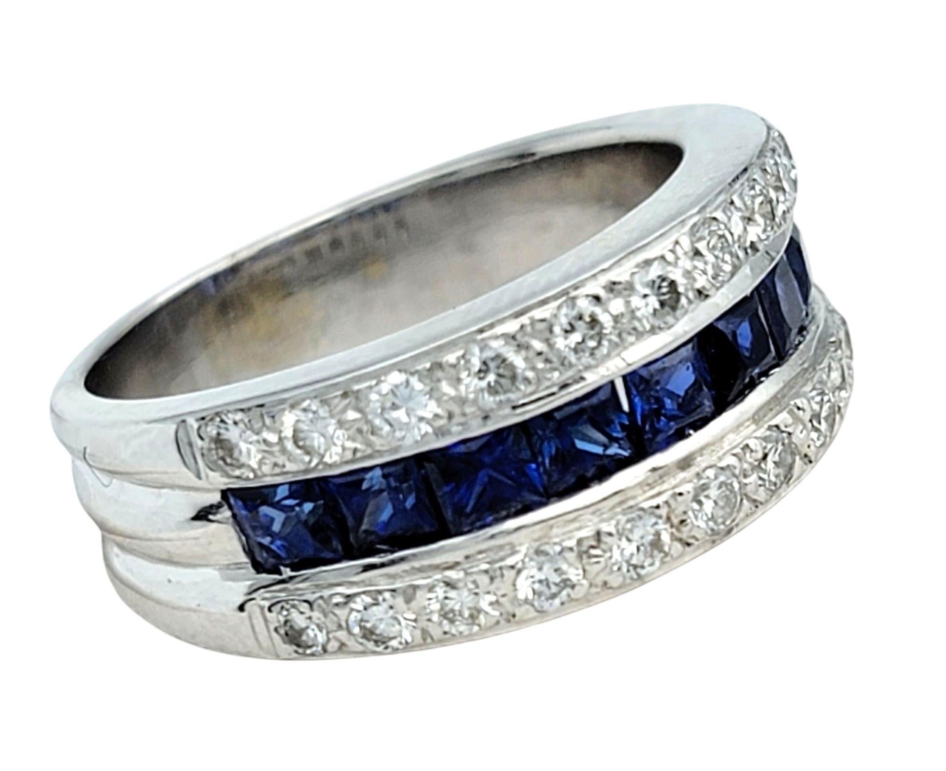 Contemporary Princess Cut Sapphire and Round Diamond Multi-Row Band Ring 18 Karat White Gold For Sale