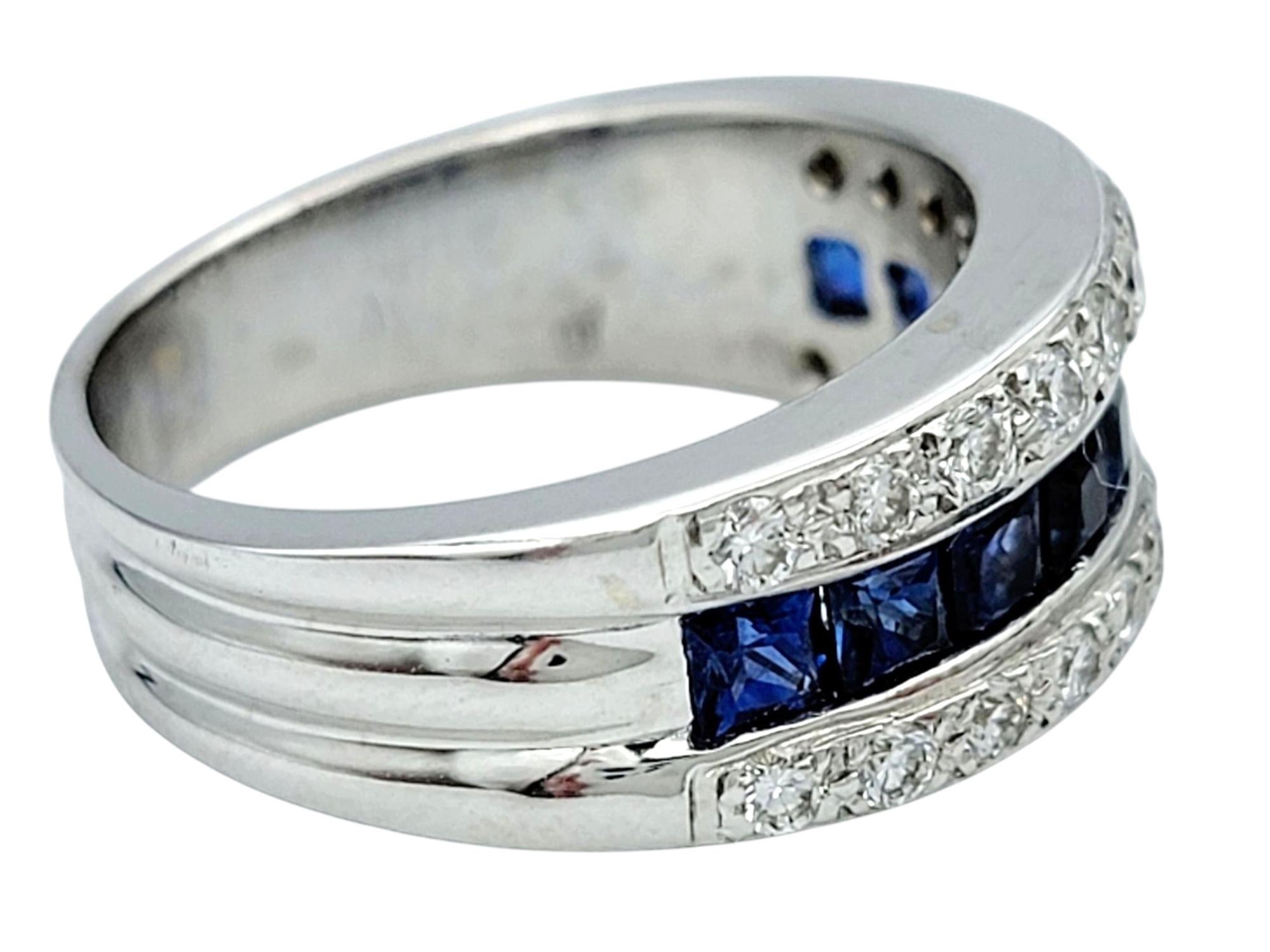 Princess Cut Sapphire and Round Diamond Multi-Row Band Ring 18 Karat White Gold In Good Condition For Sale In Scottsdale, AZ