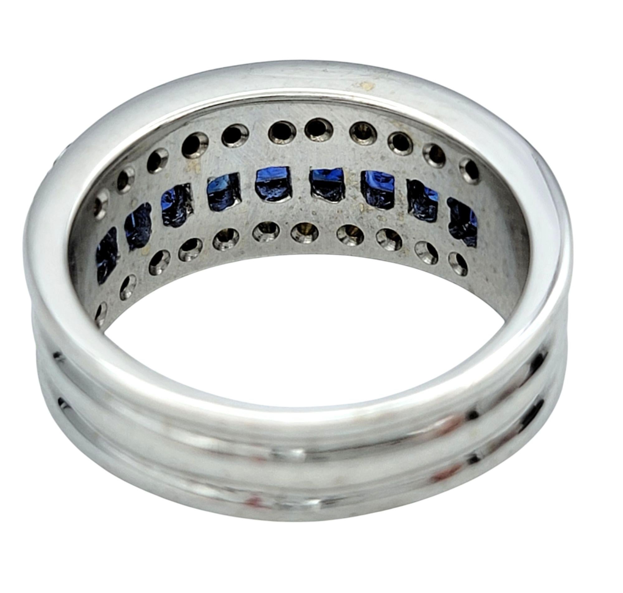 Princess Cut Sapphire and Round Diamond Multi-Row Band Ring 18 Karat White Gold For Sale 1