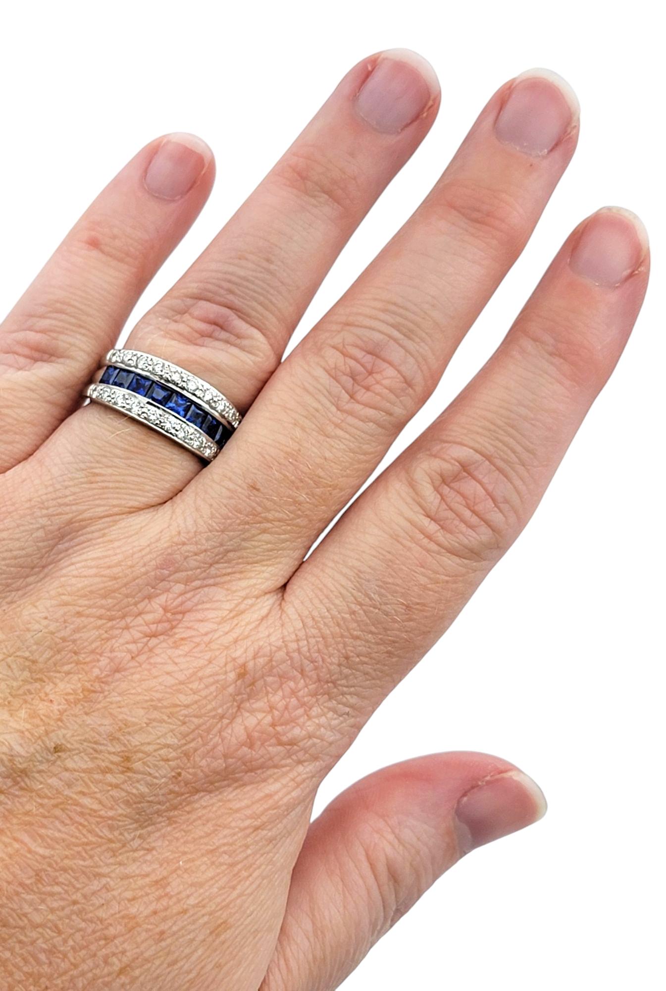 Princess Cut Sapphire and Round Diamond Multi-Row Band Ring 18 Karat White Gold For Sale 3