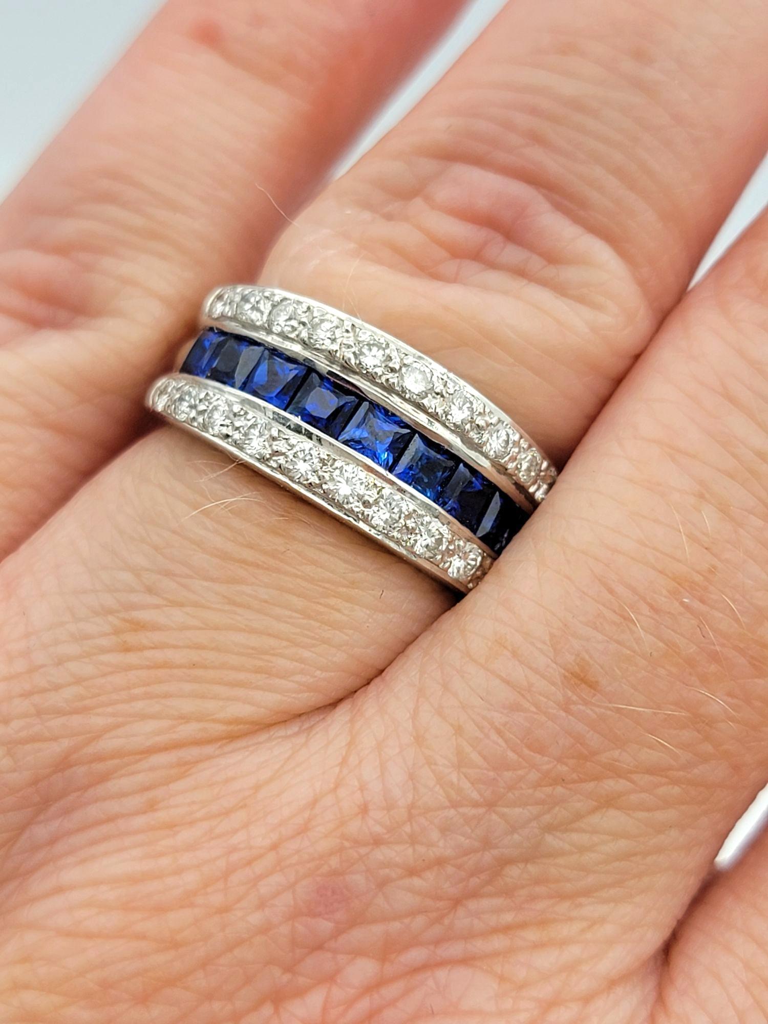 Princess Cut Sapphire and Round Diamond Multi-Row Band Ring 18 Karat White Gold For Sale 4