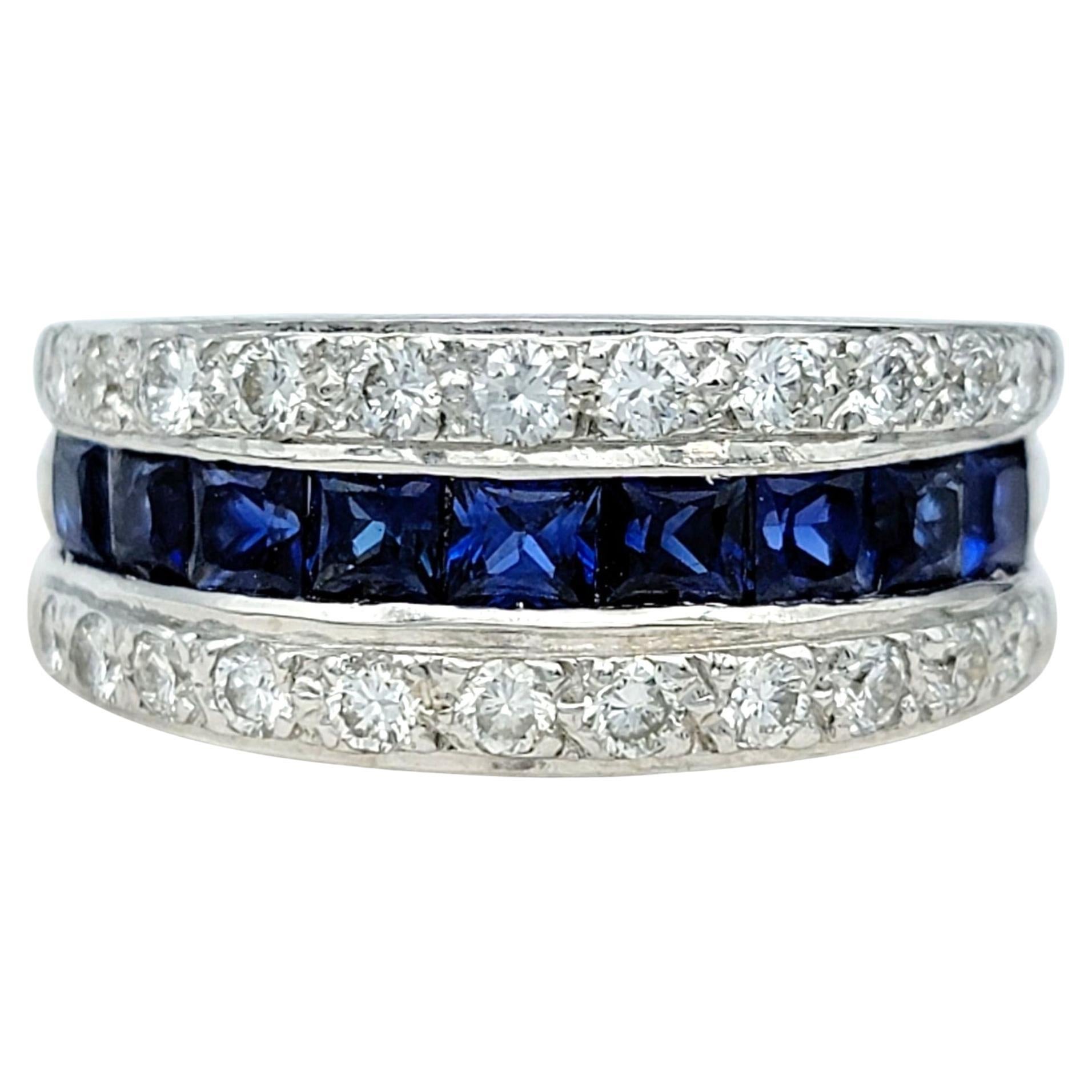 Princess Cut Sapphire and Round Diamond Multi-Row Band Ring 18 Karat White Gold