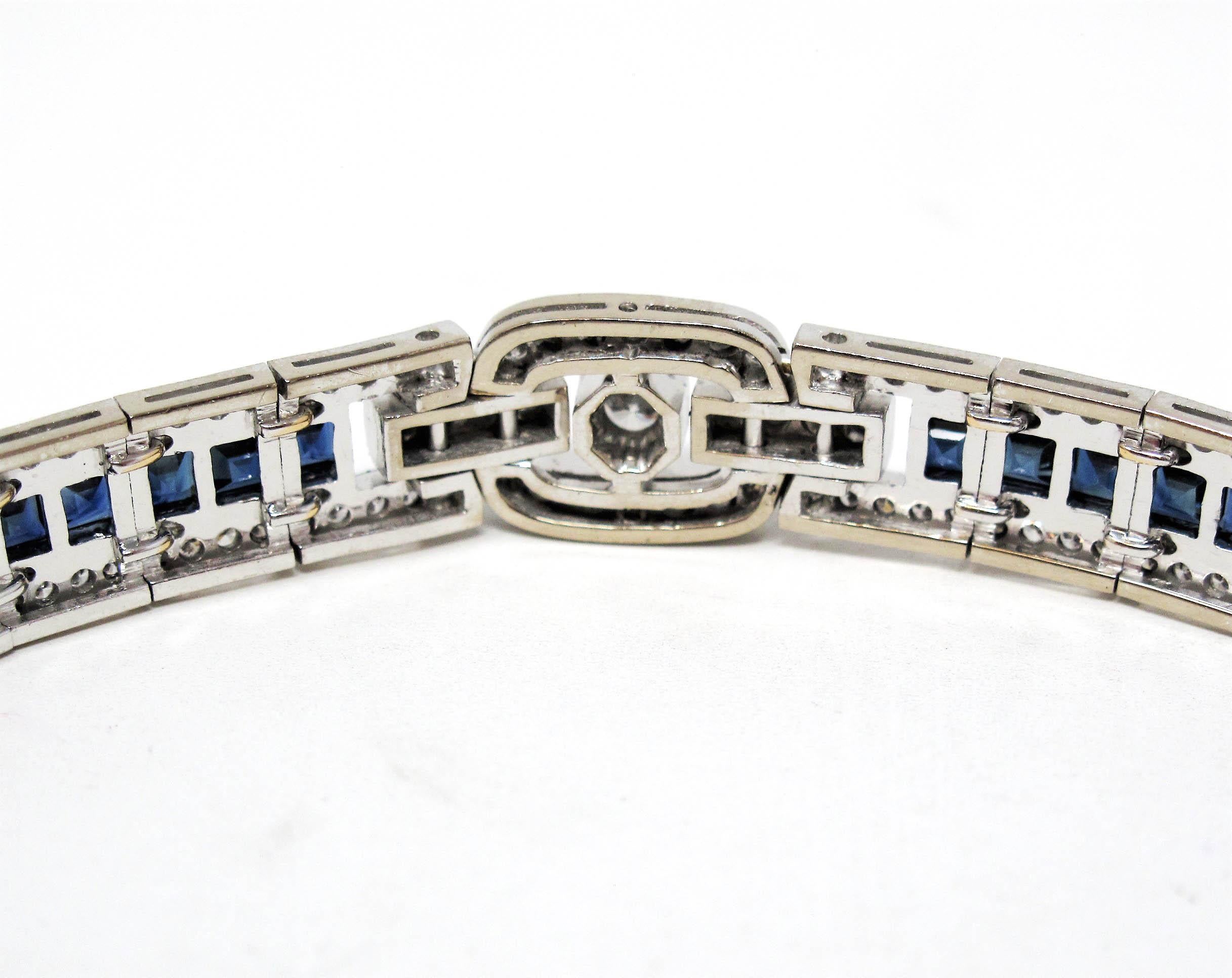 Princess Cut Sapphire and Round Diamond Station Bracelet 18 Karat Gold 3