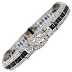 Princess Cut Sapphire and Round Diamond Station Bracelet 18 Karat Gold