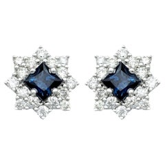 Princess Cut Sapphire and Round Diamond Stud Earrings Set in 18 Karat White Gold