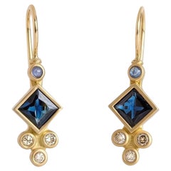 Princess Cut Sapphire Diamond 14K Yellow Gold Drop Earrings