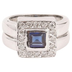 Princess-Cut Sapphire Diamond 18 Carats White Gold Geometrical Ring