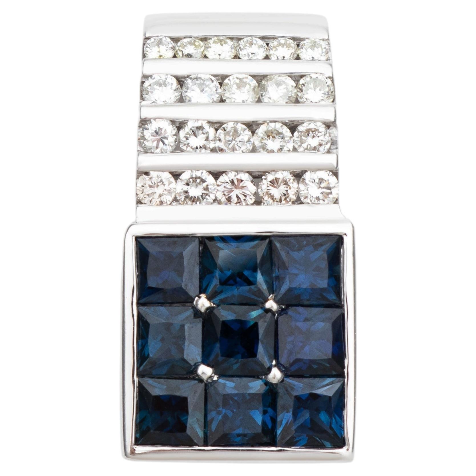 Princess Cut Sapphire & Diamond Channel Set 14K White Gold Geometric Pendant