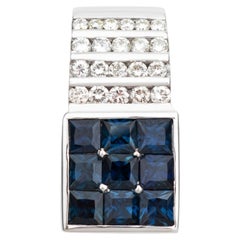 Princess Cut Sapphire & Diamond Channel Set 14K White Gold Geometric Pendant