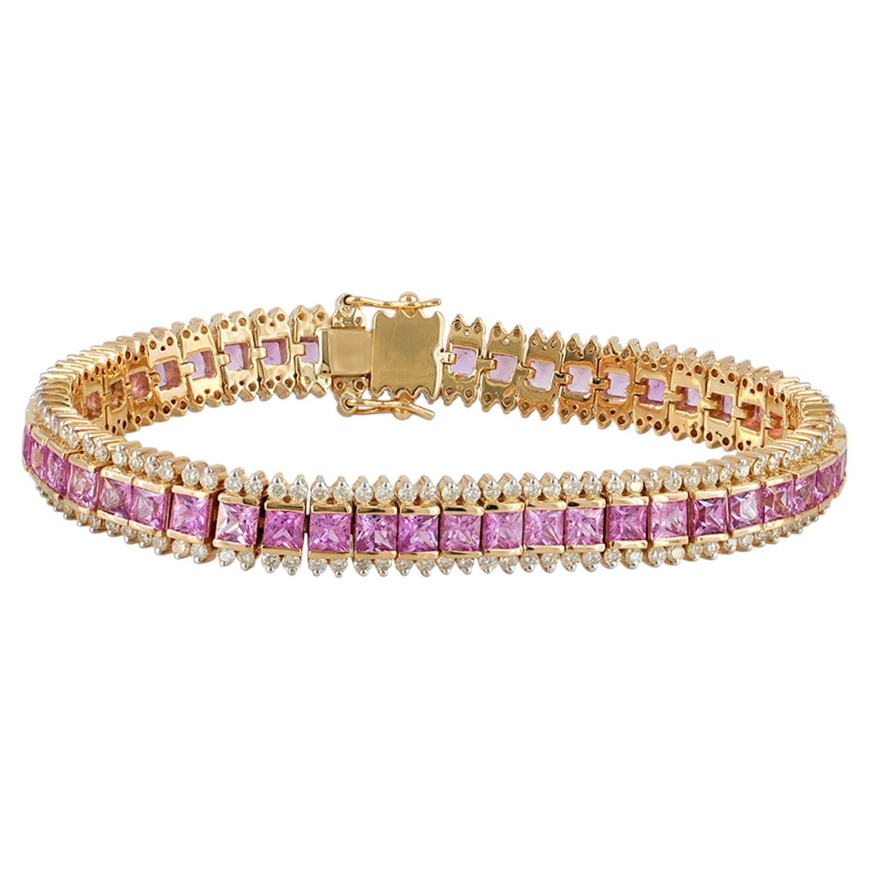 14K Gold Pink Sapphire 13.98 Ct & Diamond 3.62 Ct Tennis Bracelet for Gift For Sale
