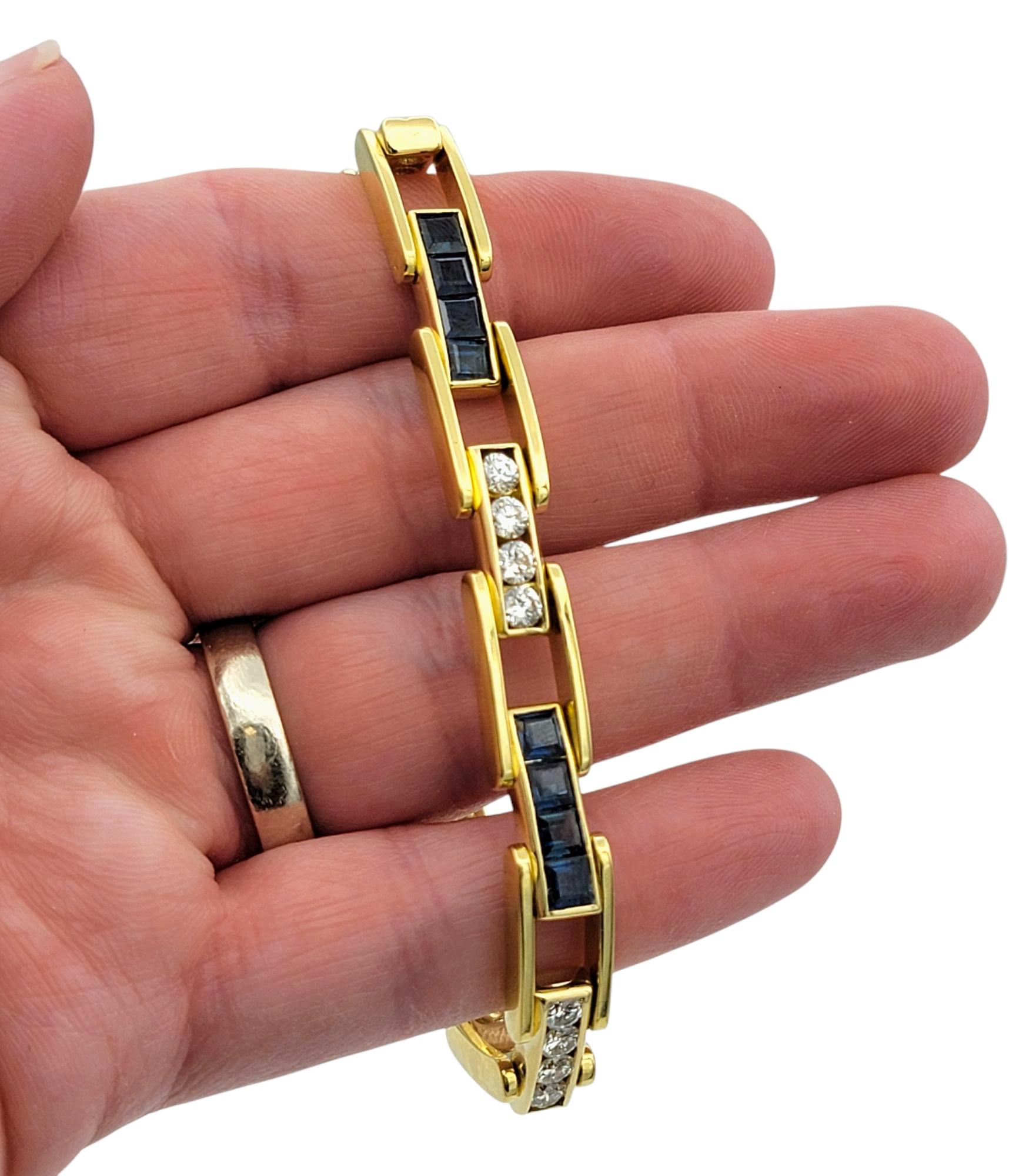 Princess Cut Sapphire & Round Diamond Link Bracelet in 18 Karat Yellow Gold For Sale 4