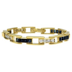 Princess Cut Sapphire & Round Diamond Link Bracelet in 18 Karat Yellow Gold