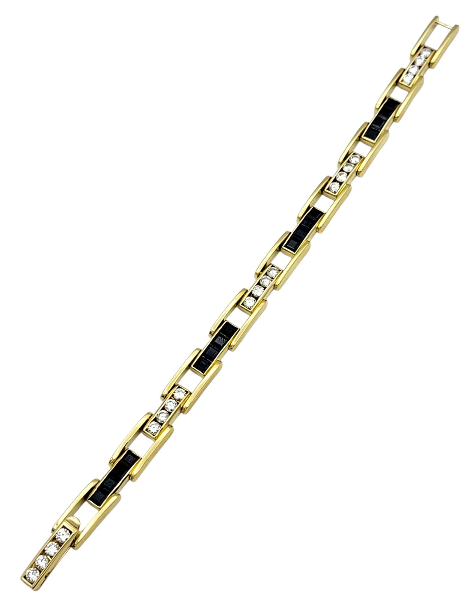 Round Cut Princess Cut Sapphire & Round Diamond Link Bracelet in 18 Karat Yellow Gold For Sale