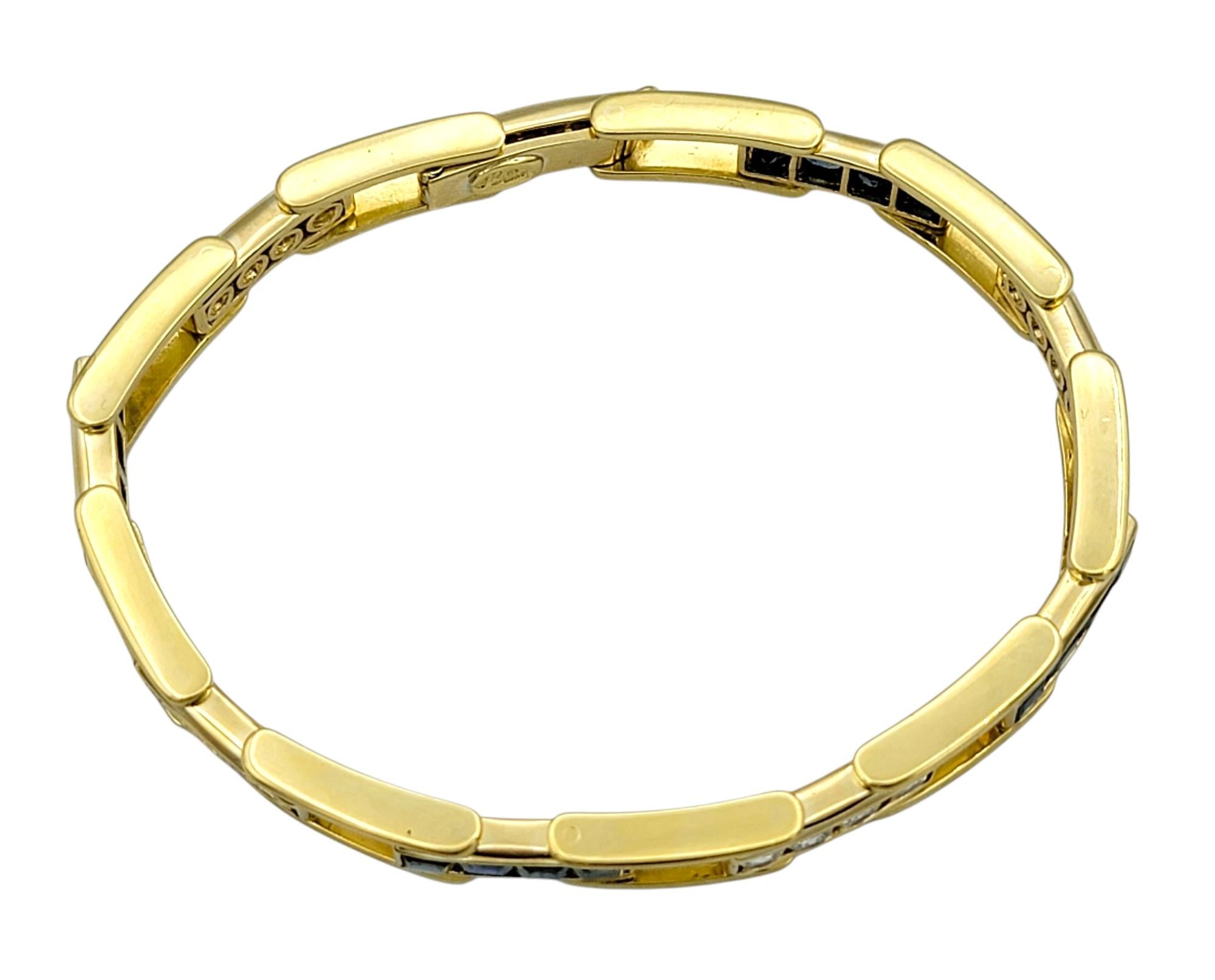 Princess Cut Sapphire & Round Diamond Link Bracelet in 18 Karat Yellow Gold In Good Condition For Sale In Scottsdale, AZ