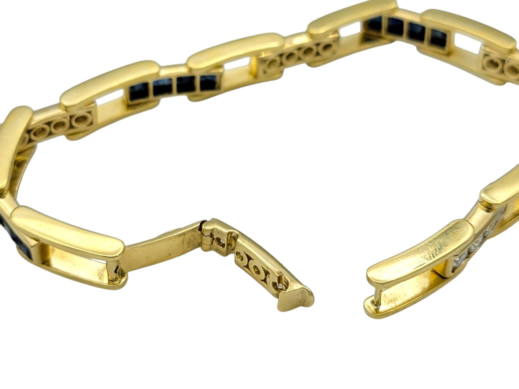 Princess Cut Sapphire & Round Diamond Link Bracelet in 18 Karat Yellow Gold For Sale 1