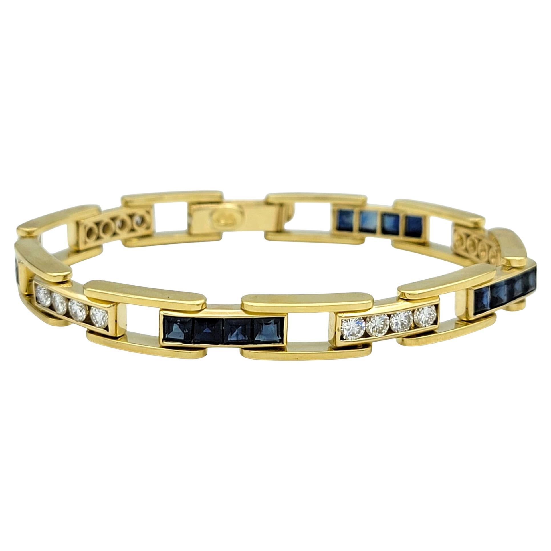 Princess Cut Sapphire & Round Diamond Link Bracelet in 18 Karat Yellow Gold