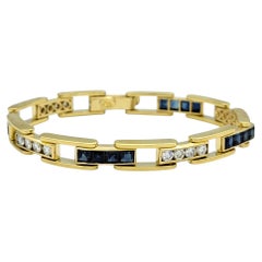 Princess Cut Sapphire & Round Diamond Link Bracelet in 18 Karat Yellow Gold