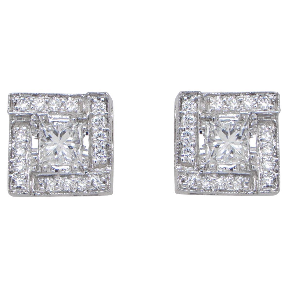 0 50 Carat Princess Cut Diamond Stud Earrings 18 Karat White Gold