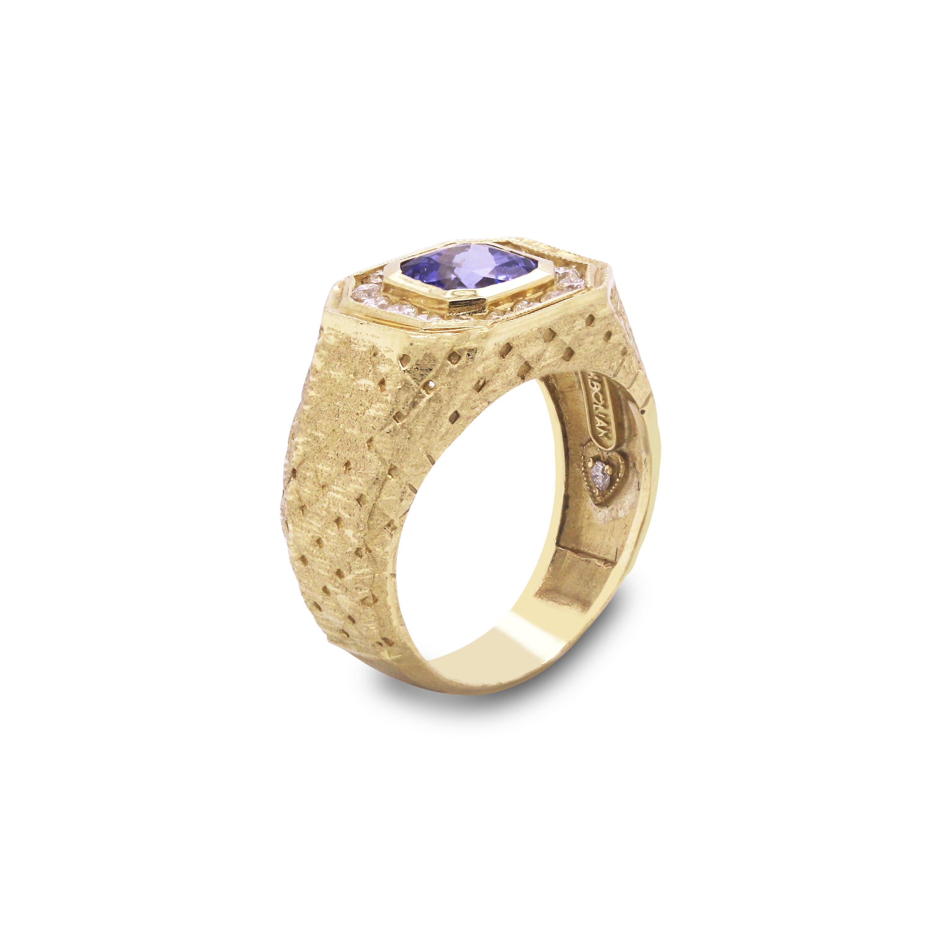18K Yellow Gold Mens Ring with Diamonds and Tanzanite by Stambolian

This mens ring from Stambolian features textured, brushed gold finish on both sides and the center is Tanzanite surrounded by diamonds

0.56 carat G color, VS clarity