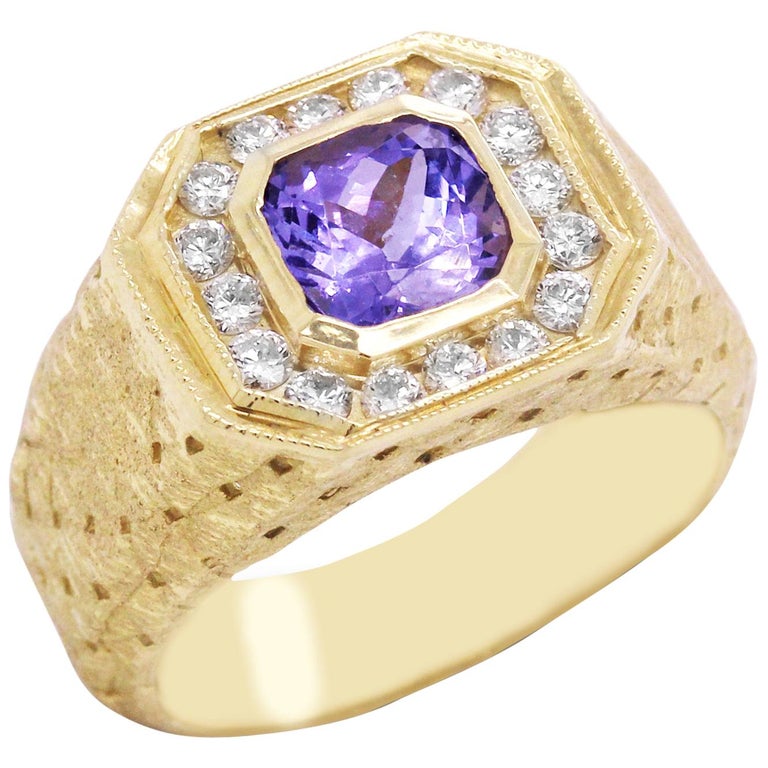 Princess Cut Tanzanite and Diamond Yellow Gold Men’s Ring at 1stDibs