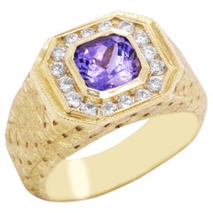 Princess Cut Tanzanite and Diamond Yellow Gold Men’s Ring