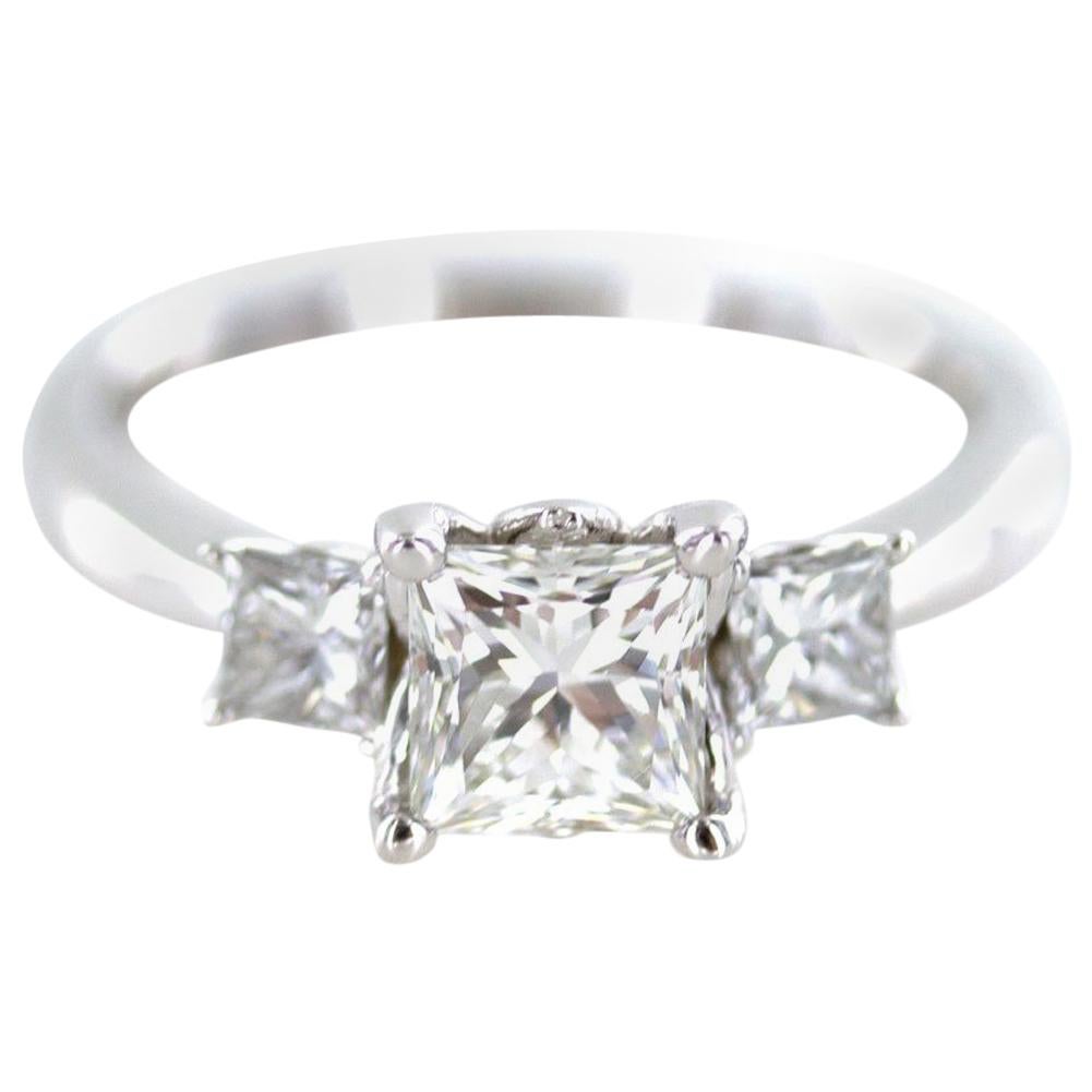 1.45 Carat Princess Cut Three-Stone Diamond 18K White Gold Engagement Ring GIA 