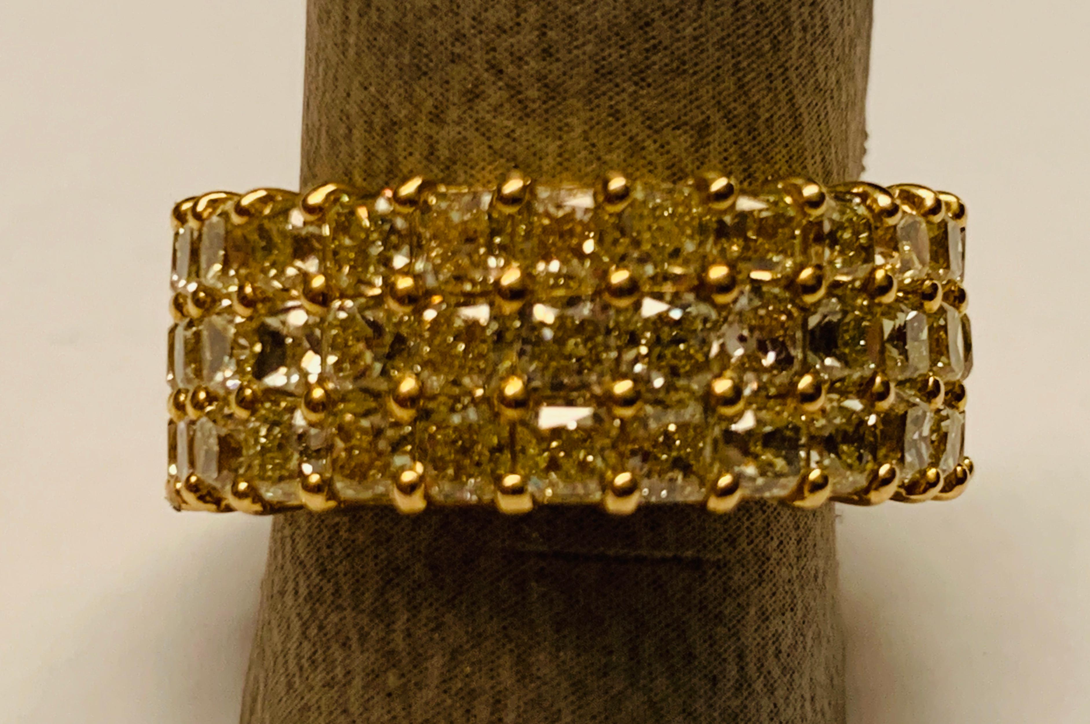 Contemporary Princess Cut Triple Row Eternity Gold Ring with 11.58 Carat Yellow Diamonds For Sale