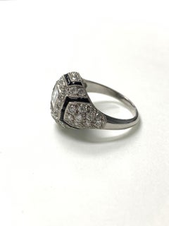 Princess Cut White Diamond and Onyx Engagement Ring in Platinum