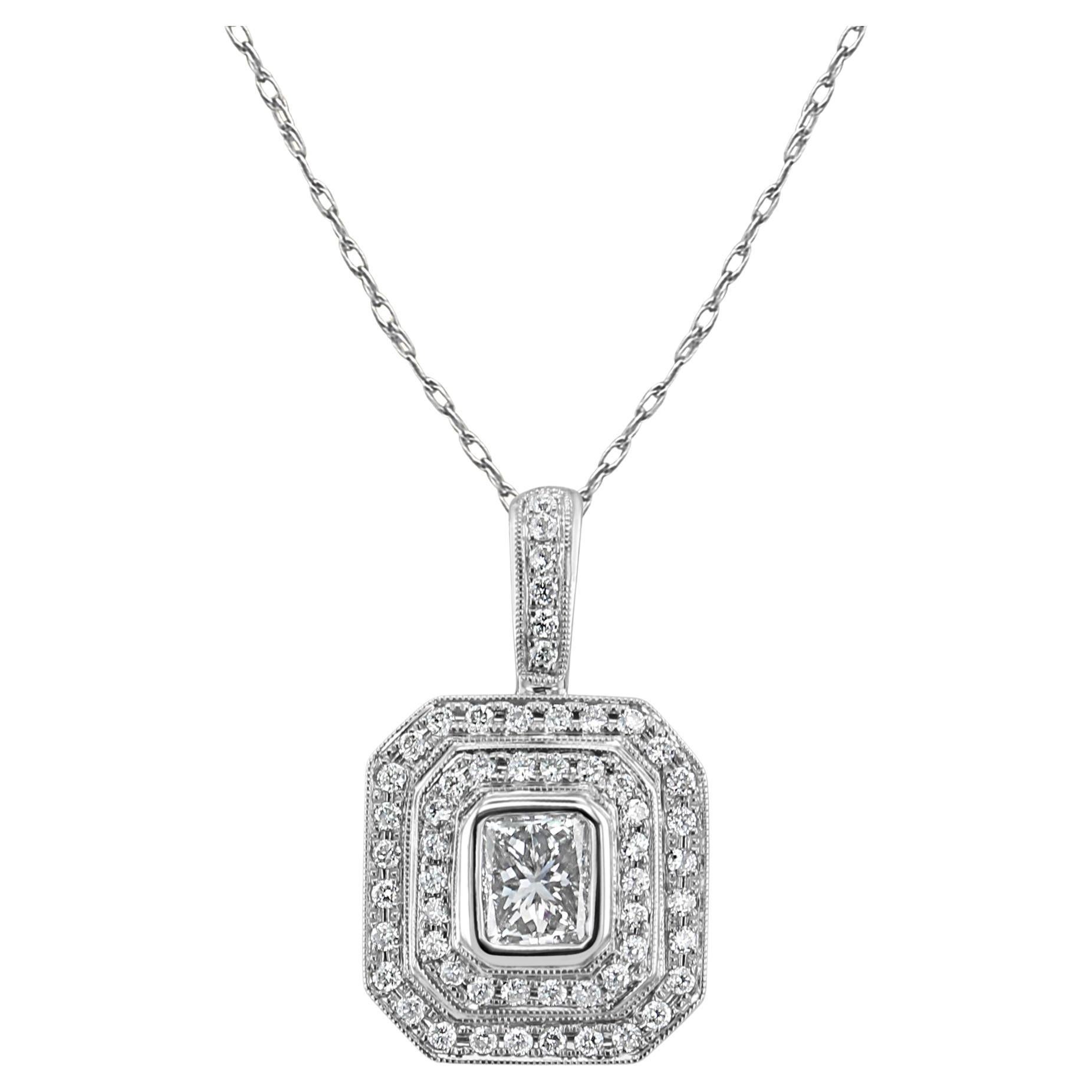 Princess Cut with Double Halo Pave Diamond Necklace 18k White Gold For Sale