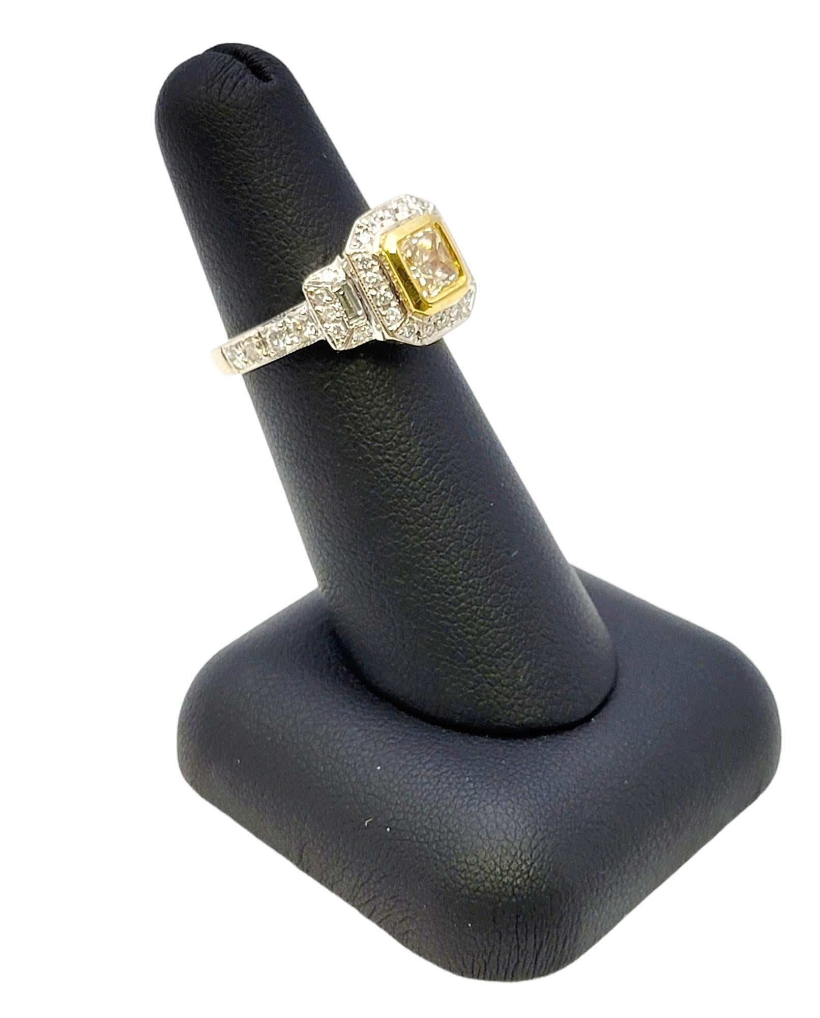 Princess Cut Yellow Diamond and Baguette White Diamond Halo Engagement Ring For Sale 4